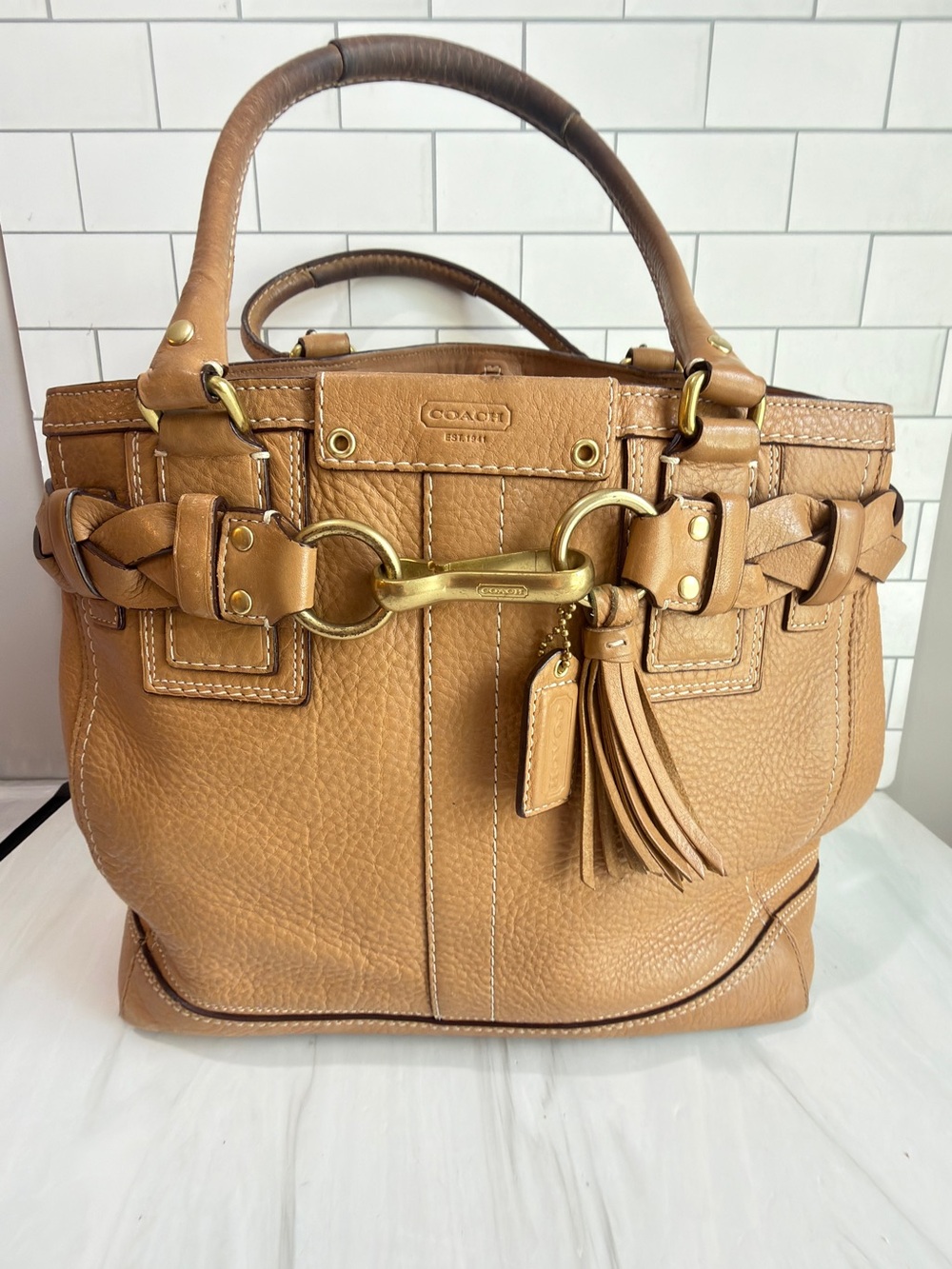 COACH VINTAGE HAMPTON PEBBLED LEATHER SHOULDER BAG BRAIDED ACCENTS Tan - Picture 14 of 14